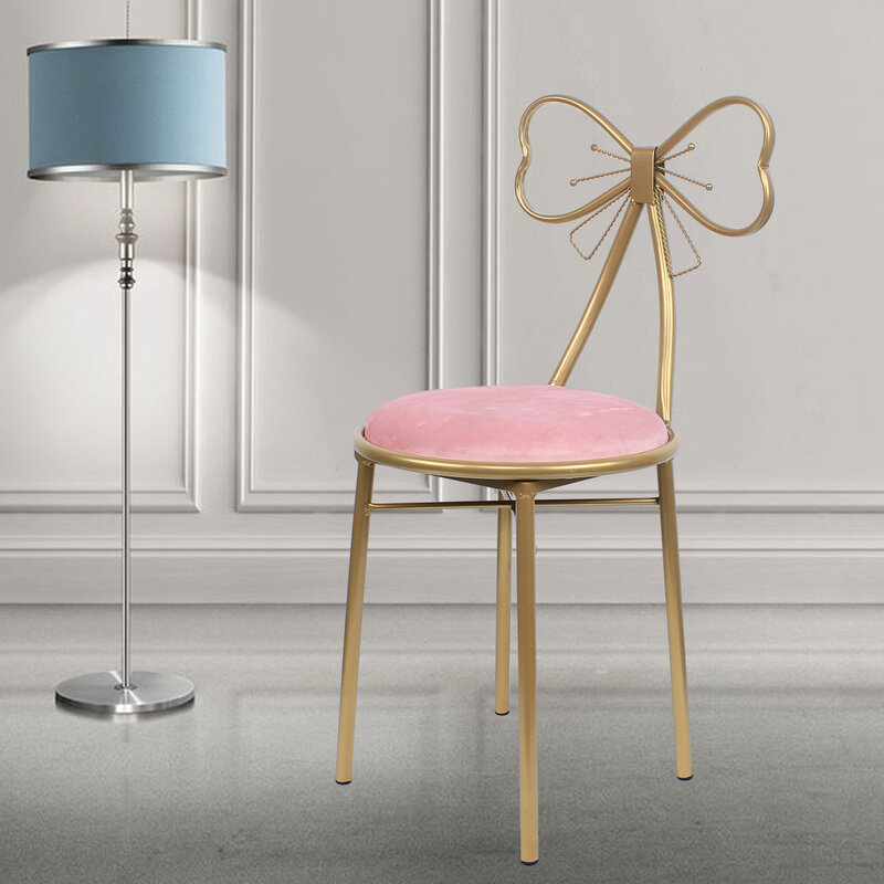 Vanity Chair Pink Velvet Cushion Gold Butterfly Makeup Leisure Chair Living Room Makeup Stool Chair Seat W/ Golden Metal Legs