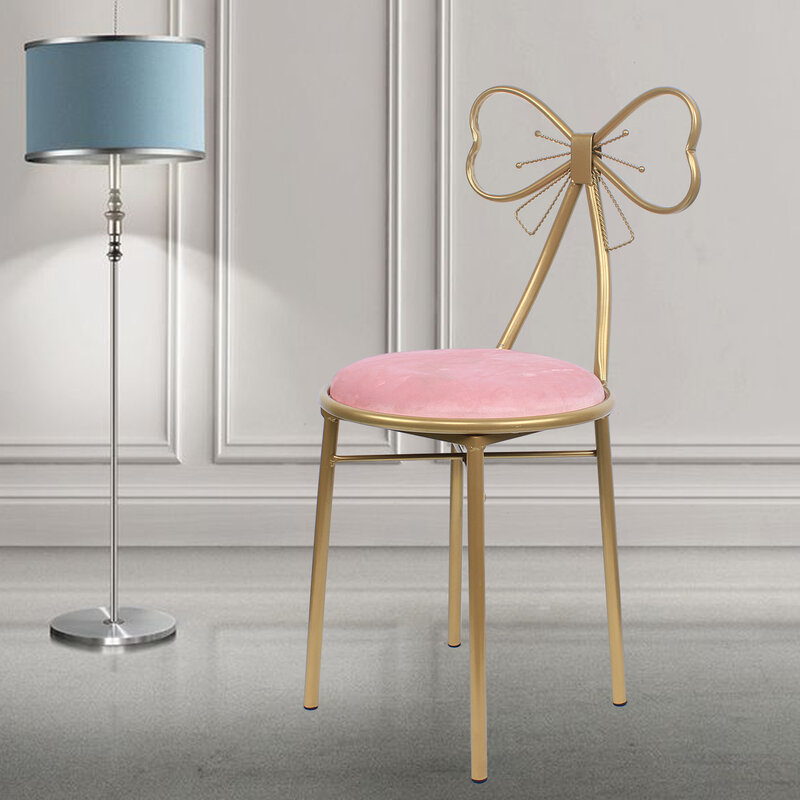 Chaise de courtoisie en velours rose avec coussin papillon doré, tabouret de maquillage, siège de loisirs, pieds en métal doré, salon