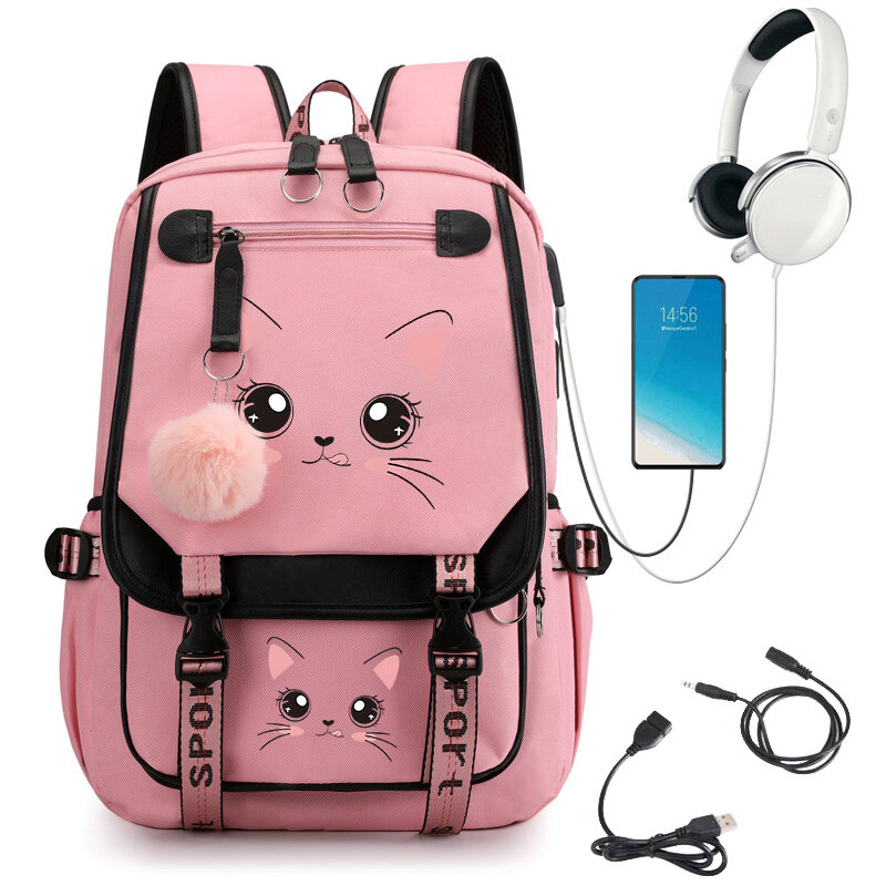 Tas ransel Laptop wanita tas sekolah anak laki-laki perempuan untuk remaja perempuan tas punggung buku siswa Wajah kucing Kawaii tas buku ransel