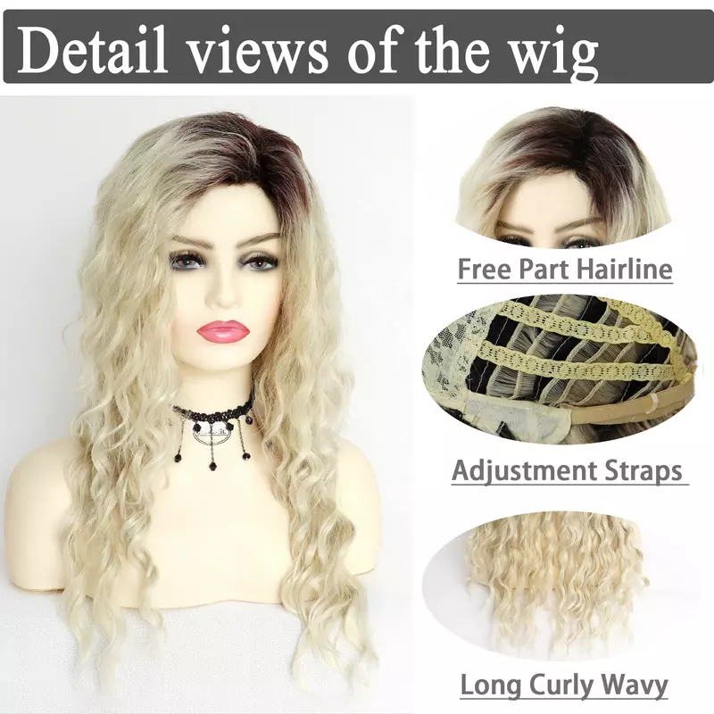 Blonde Curly Wig Synthetic Hair Natural Long Wave Wigs for White Women Free Part Dark Roots Ombre Wigs Drag Wavy Wig+Stickers