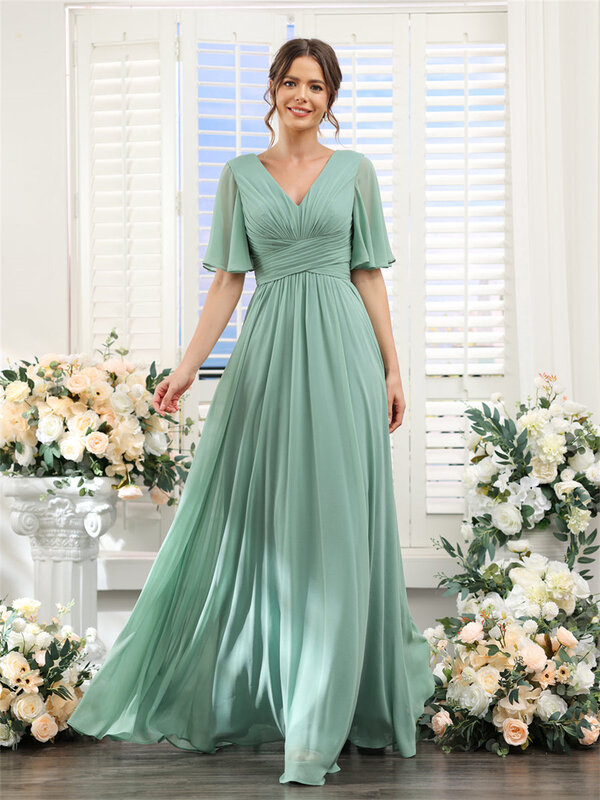 Gaun A-line sifon kerah V untuk wanita, Gaun malam Formal berlipat panjang lantai belahan, gaun Off-the-shoulder pernikahan