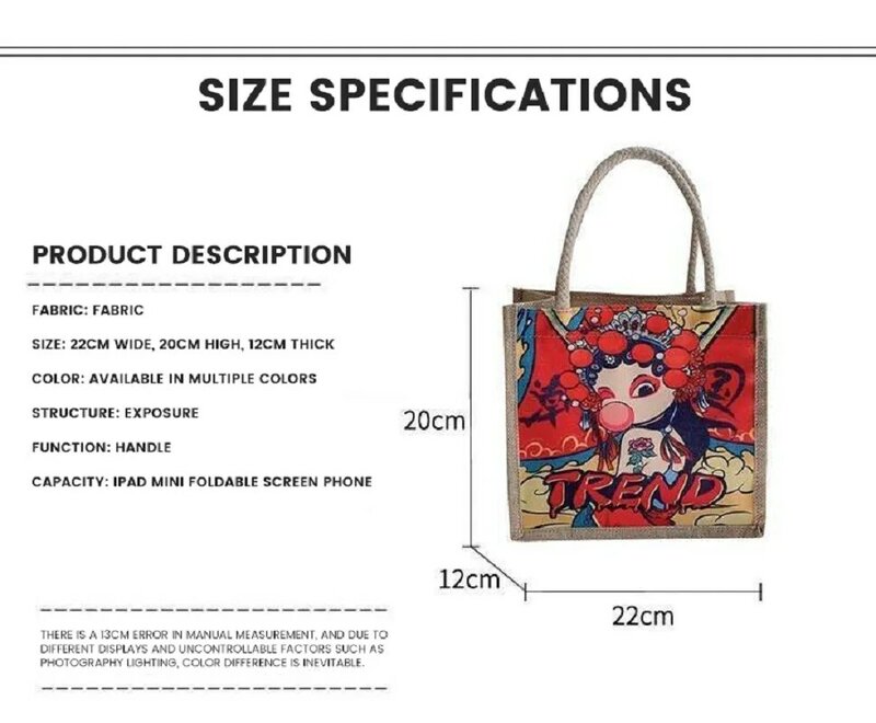 Bolsa de lino estampada para compras, bolso de mano de dibujos animados, bolsa de almuerzo, contenedor de cena de viaje portátil, bolso de mano Bento