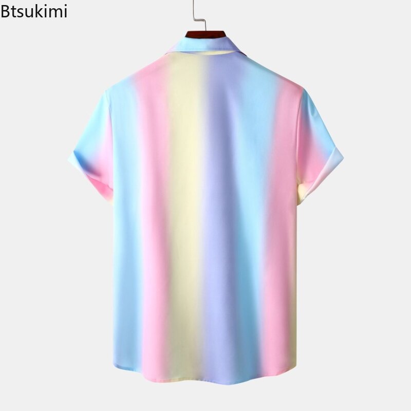 Camisas con estampado de rayas de arcoíris para hombre, blusa informal de manga corta a la moda, ropa de calle hawaiana transpirable, verano, 2024