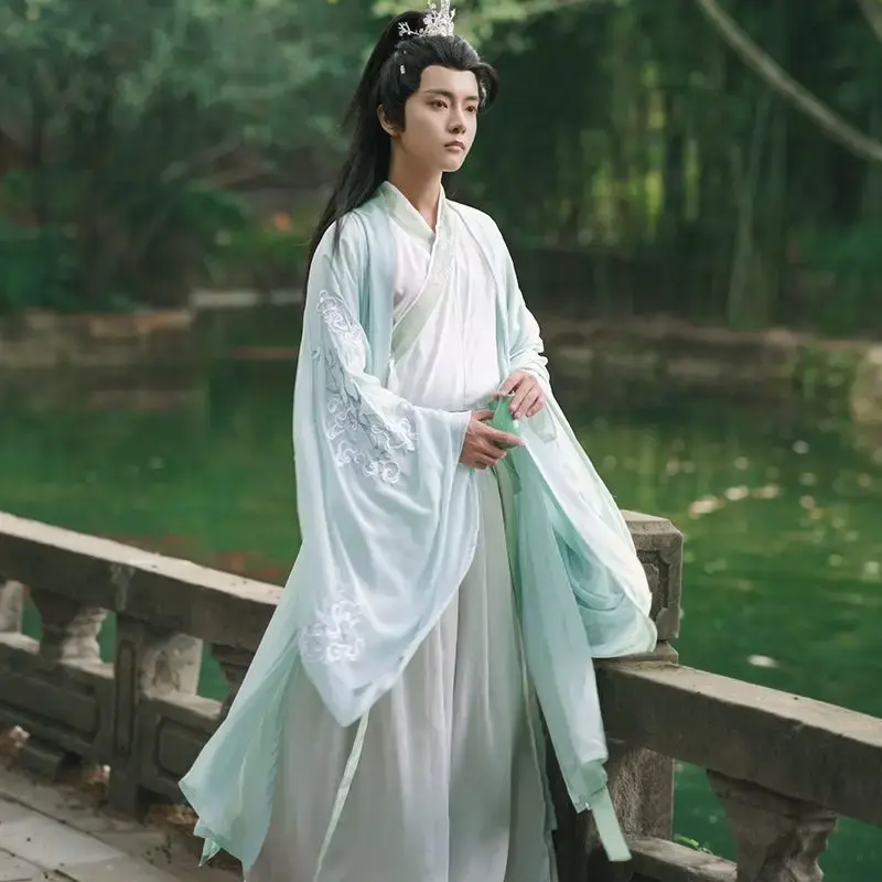 Large Size 3XL Hanfu Men Chinese Traditional Cosplay Costume Halloween Cos Costume Ancient Hanfu Blue&White Shirt+Skirt Sets