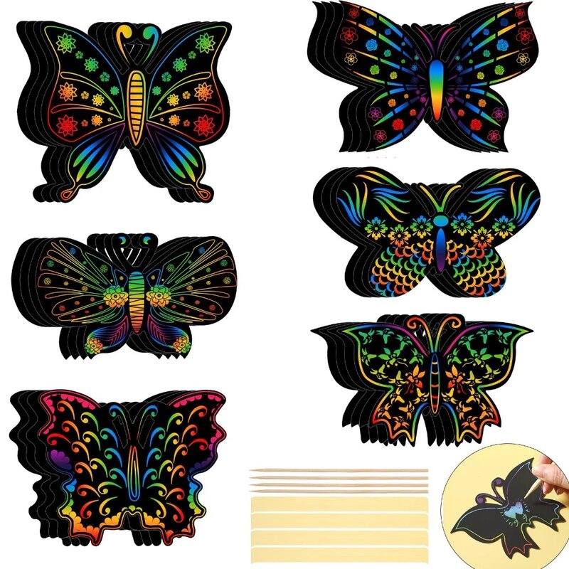 6/12 pezzi Set Magic Scratch Art Butterfly Scratch Drawing Paper segnalibri bambini pittura libro creativo Card Sticker giocattolo educativo