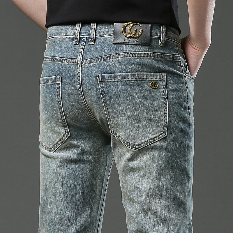 Calça jeans de escritório masculina, clássica, casual, high-end, retrô, angustiada, leve, luxo, slim fit, skinny, stretch, tudo combinando