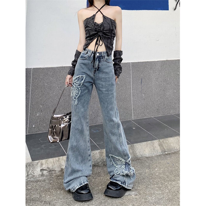 MEXZT-Calça Jeans Feminina Vintage Bordada com Borboletas, Y2K, 2000S, Jeans, Calças de Pernas Largas, Calças Cheias de Cintura Alta, Streetwear, Coreano