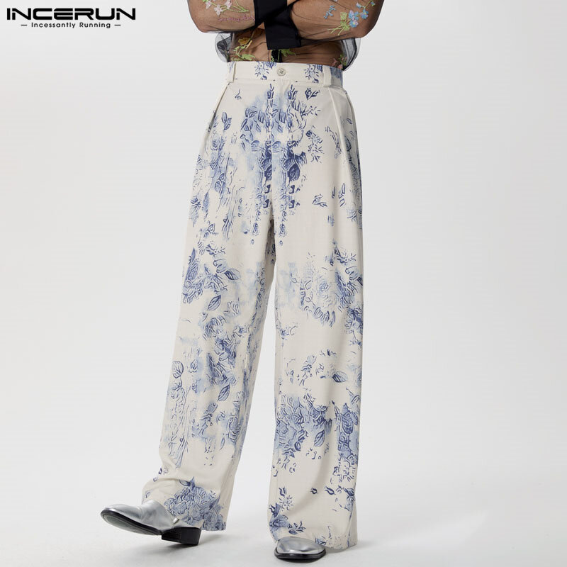 INCERUN 2024 koreańskie spodnie modne męskie kwiatowy nadruk długie spodnie casualowe w stylu Streetwear proste proste nogawki pantalony S-5XL