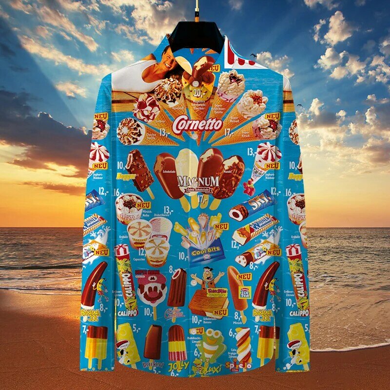 La nuova stampa 3D traspirante allentata alla moda Cool Fashion Ice CreamShirts Beach Party Top maniche lunghe camicie da uomo estive Top da uomo