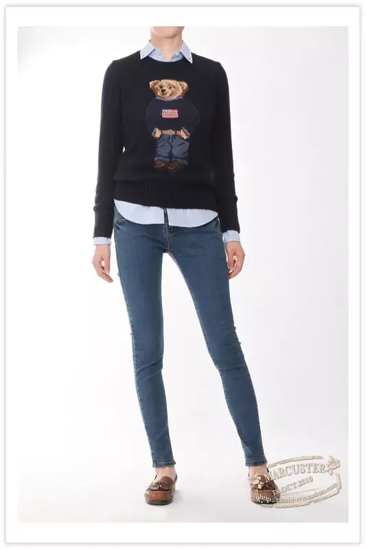 여성용 니트 스웨터, RL O-넥 풀오버, 면 자수 베어 하이 퀄리티 탑, 패션 스웨터, 2023 신상