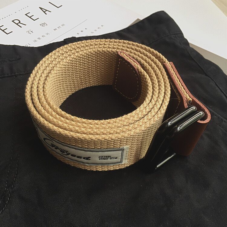American youth workwear belt, male and female trendy student fabric belt, double loop buckle jeans belt, women's canvas belt