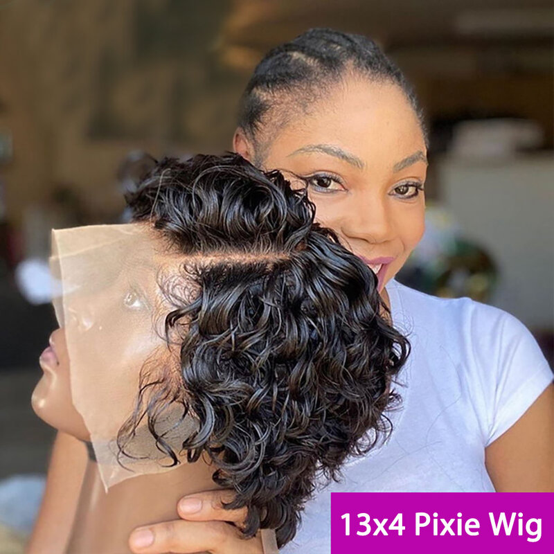 Peluca de cabello humano con corte Pixie para mujeres negras, pelo corto Bob con encaje Frontal transparente, 13x4