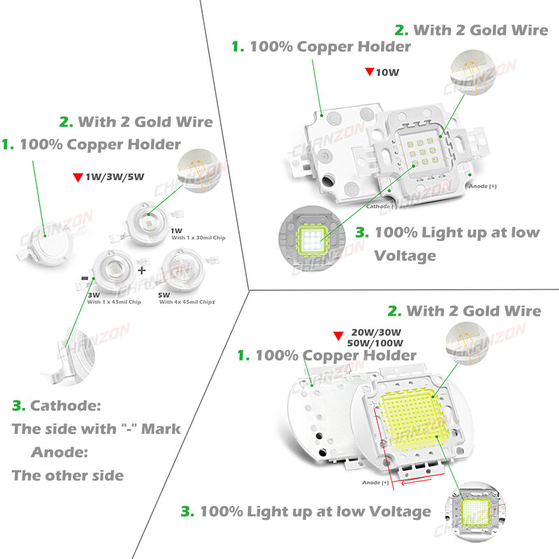 Talão de Chip LED de Alta Potência, Lâmpada de Projector Brilhante, Quente Natural Branco Frio, 1W, 3 W, 5W, 10W, 20W, 30W, 50W, 100W, smd Cob, DIY