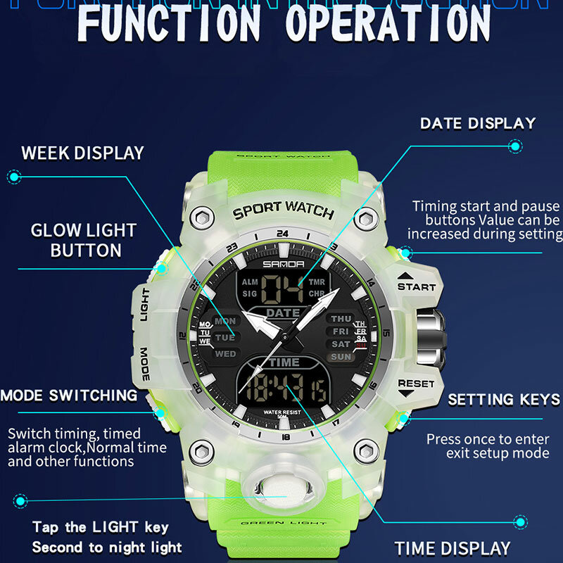 Męski zegarek męski z podwójnym wyświetlaczem SANDA wodoodporny zegarek sportowy żołnierz budzik ze stoperem zegarek kwarcowy męski zegar cyfrowy 6126