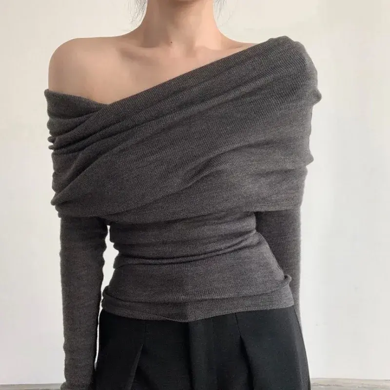 Slim Slash Neck Pullovers Women Knitted Gentle Elegant Off Shoulder Autumn Winter Long Sleeve Streetwear Sexy Pleated Female