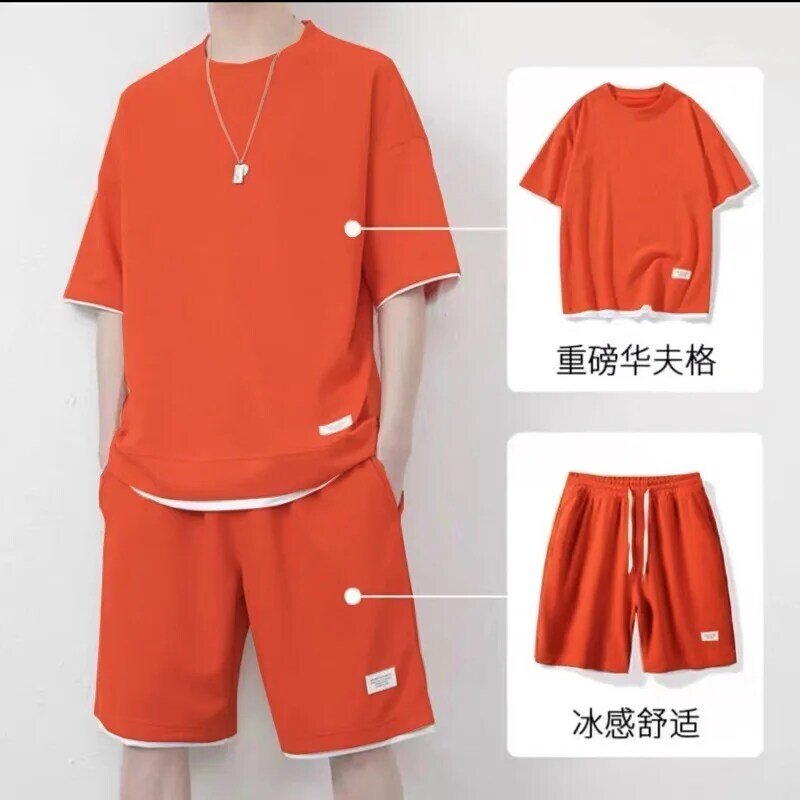 2024 Summer Solid Color Men Waffler Affordable Youth Short Sleeved Round Neck Tops Casual Loose Shorts Comfortable Two Piece Set