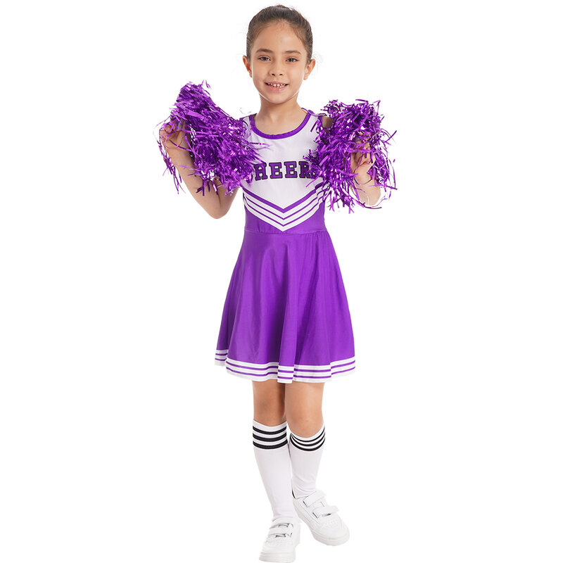 Детская униформа для чирлидинга для девочек, наряд для школьного танца, танцевальное платье с круглым вырезом, лоскутное танцевальное платье с цветами и носками