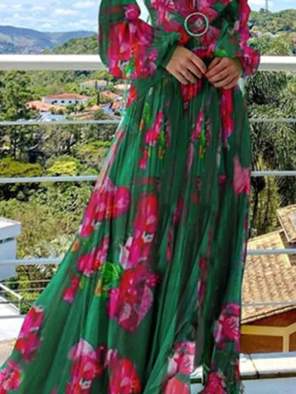 Sexy profondo scollo a V stampato abito lungo donna moda lanterna senza maniche abiti 2024 Summer Lady Beach Style Maxi abito plissettato