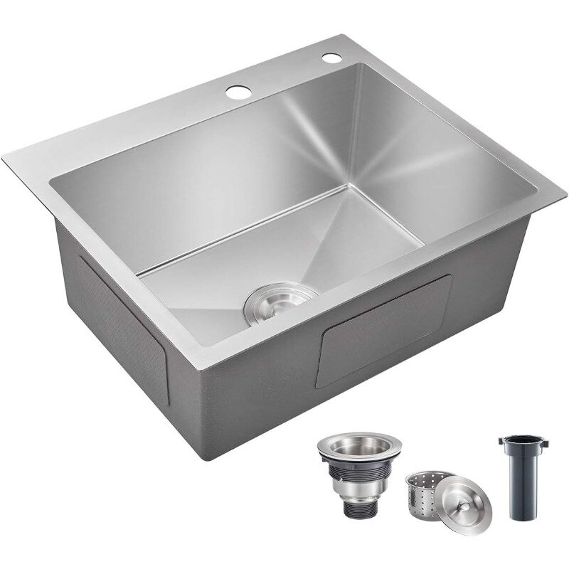 ROVATE 21.6-inch Drop-in Topmount Kitchen Sink, 304 Stainless Steel Kitchen Sink Single Bowl,Handmade Kitchen/Bar Sink Overmount