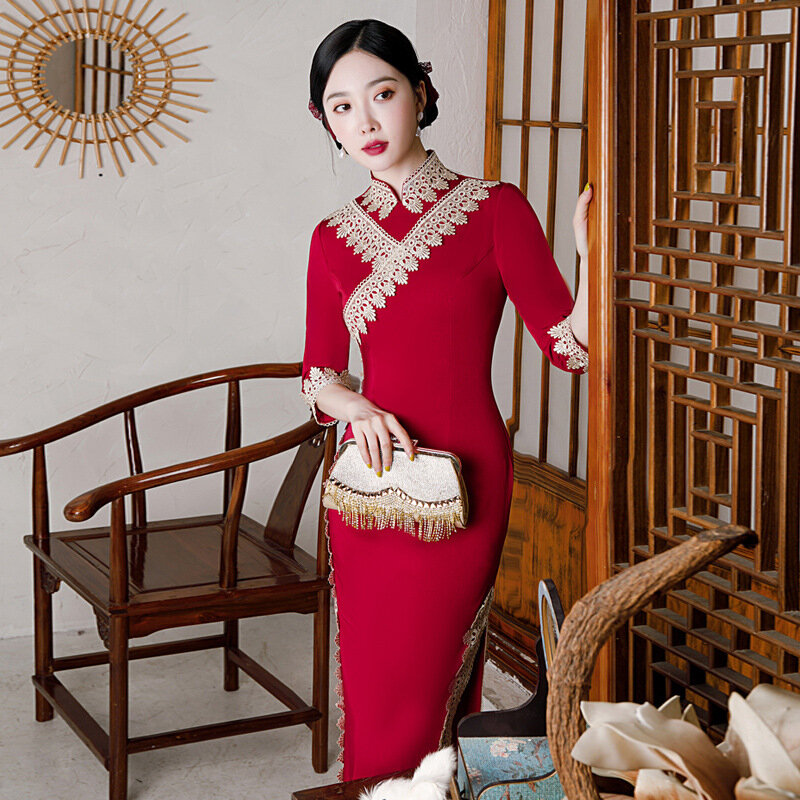 Plus Size 4XL Chinese Traditional Dress Sexy Lace Slim Qipao Women's Vintage Elegant Satin Cheongsam Mandarin Collar Vestidos