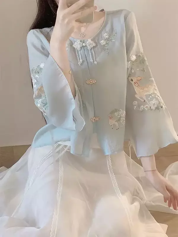 Traje de estilo chino para mujer, conjunto de dos piezas con bordado exquisito, Top y media falda, novedad de verano, 2024