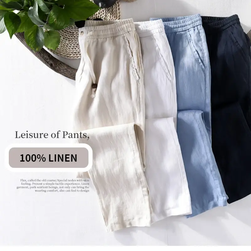 Spring Summer New 100% Linen Casual Pants Men Clothing Thin Loose Oversize Trousers F7409