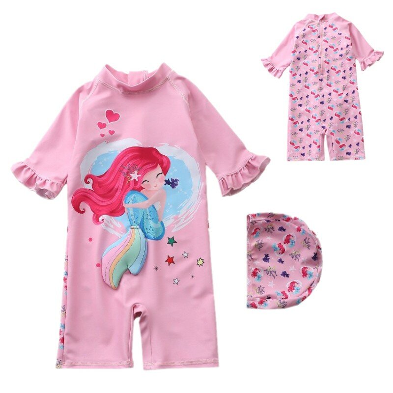 Conjunto de gorro de baño para niño y niña, traje de baño infantil con estampado de tiburón, dinosaurio, unicornio, 2 unidades