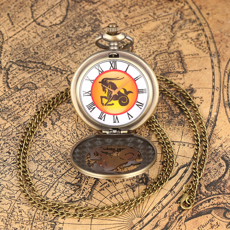Relógio de bolso colar de bronze do vintage do zodíaco oco doze constelações relógio de pulso presentes de aniversário para homens