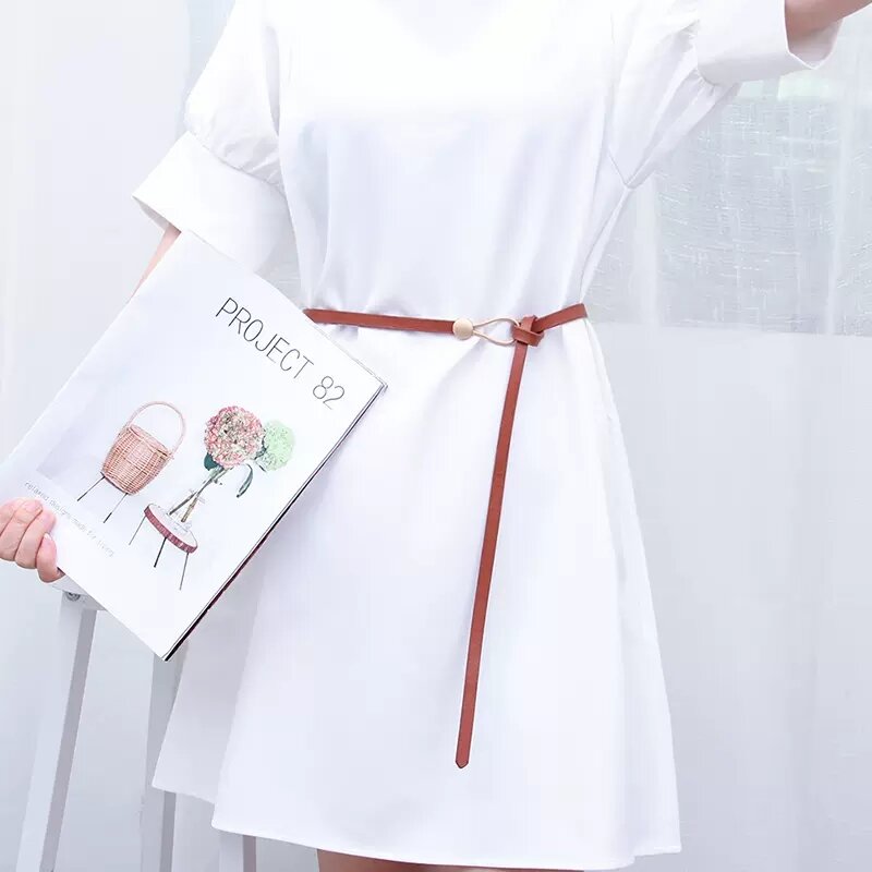 Korean Simple Women Skinny Leather Metal Buckle Tie a Knot Thin Genuine Leather Waist Belt for Dresses Adjustable Belts