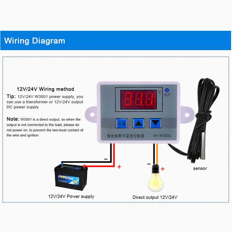 W3001/W3002 Digital Temperature Microcomputer Thermostat DC12V/24V AC220V with Probe Heat Cool Temp Thermostat Control Switch