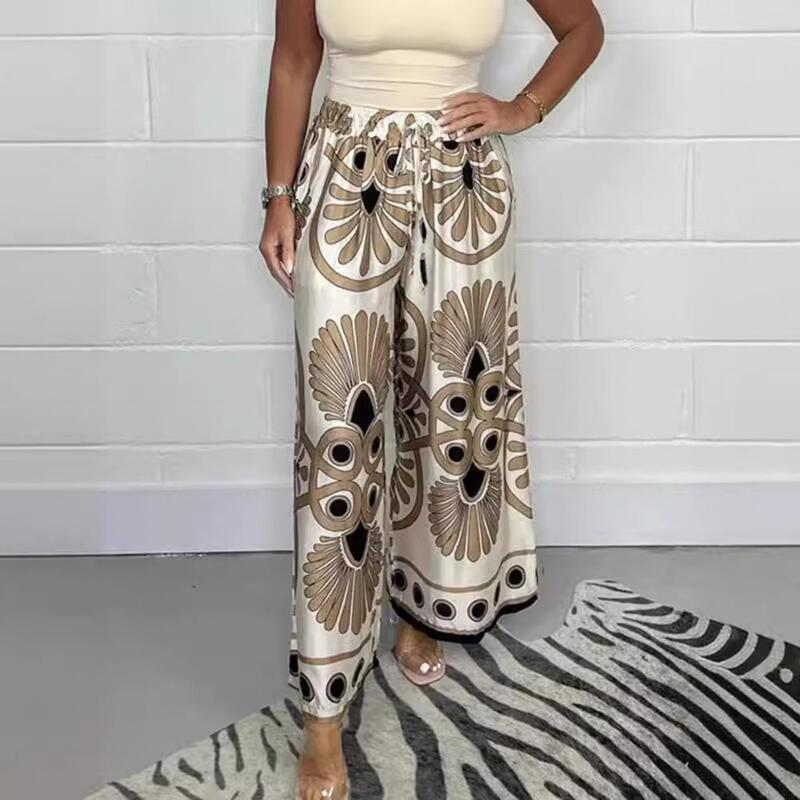 Wide-leg Trousers Bohemia Style Floral Print Wide Leg Pants for Women Elastic Waist Satin Lounge Trousers with Adjustable Tie