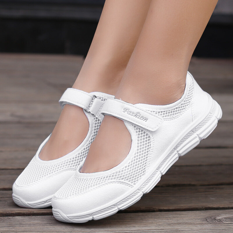 Кроссовки женские прогулочные, дышащие сетчатые, Вулканизированная подошва, повседневная обувь для работы, белые