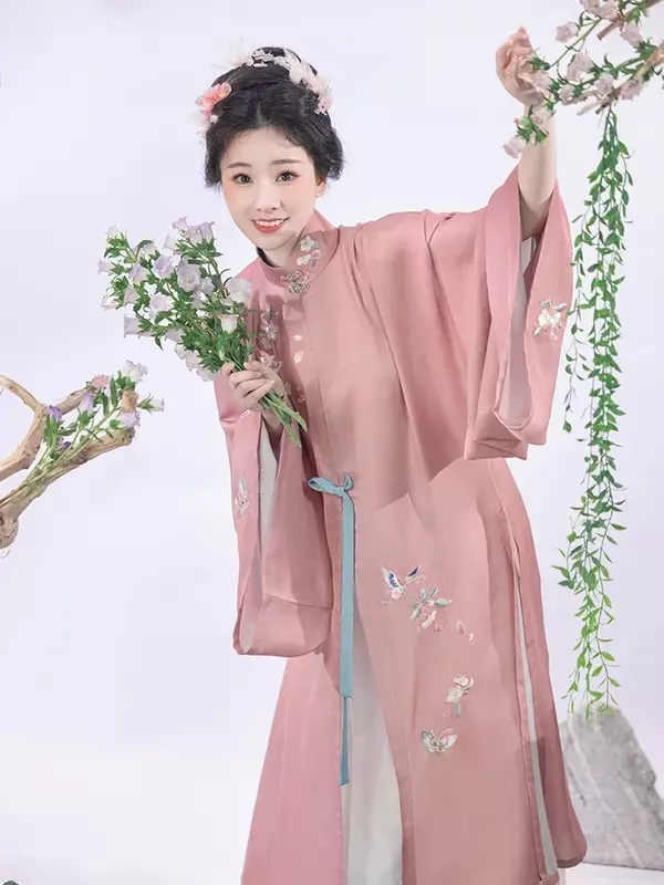 Colete feminino Hanfu rosa bordado, sistema Ming, par de gola alta, manga reta dianteira, kaftan, primavera, Hanfu, original