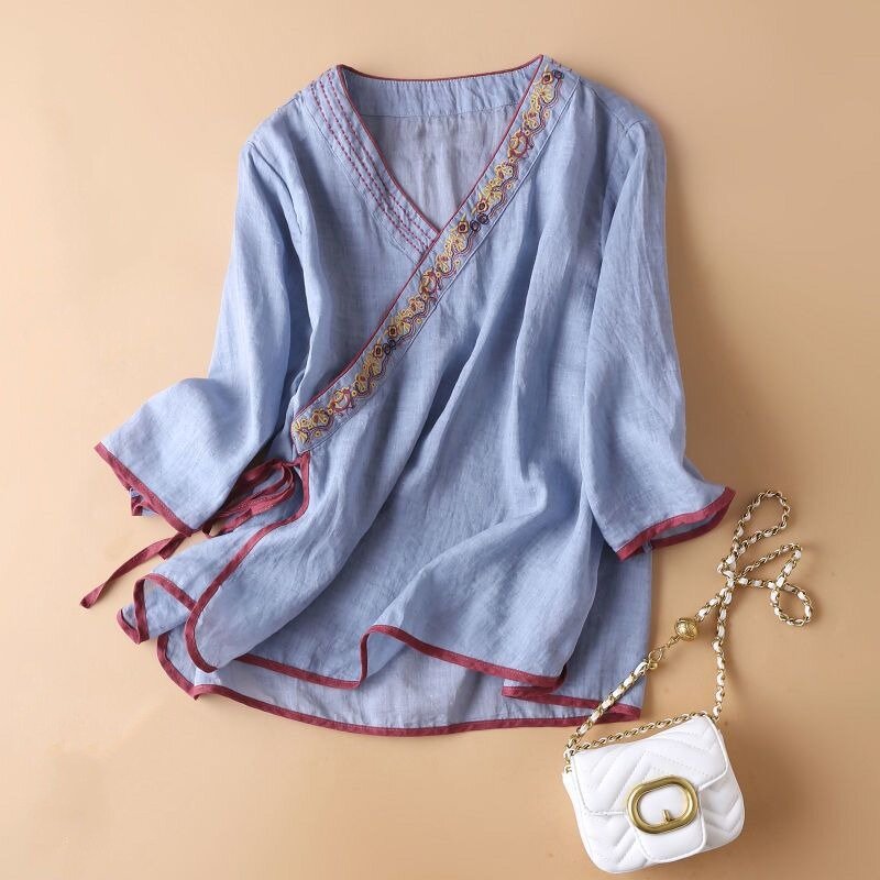 2024 Summer New Artistic Chinese Style Tops Cotton Linen Blouses Loose V-neck Embroidered Spliced Bandage 3/4 Sleeve Women Shirt