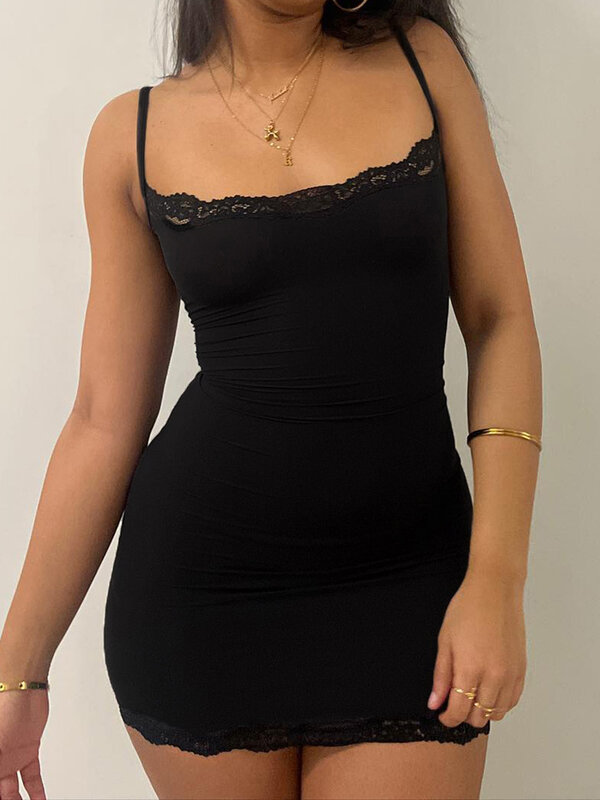 Сексуальное однотонное облегающее платье IAMSURE с кружевной отделкой, облегающее мини-платье без рукавов с воротником-лодочкой для женщин, лето 2024, модная уличная женская одежда