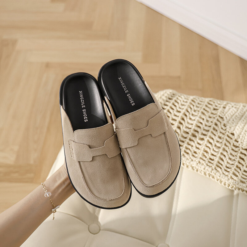 Sepatu Bosen kulit asli wanita, alas kaki atas setengah selop, sol lembut sol tebal pakaian siang musim semi dan panas 2024
