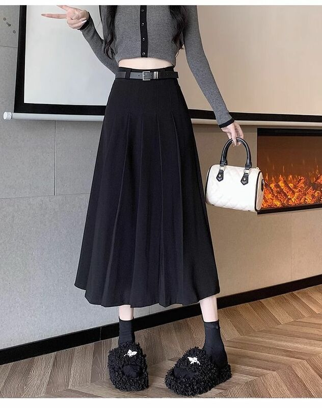 New Academy Style Black Pleated Skirt Girls Mid Length High Waisted Slimming A-line Suit Women Skirt Styles 2024 Spring Autumn