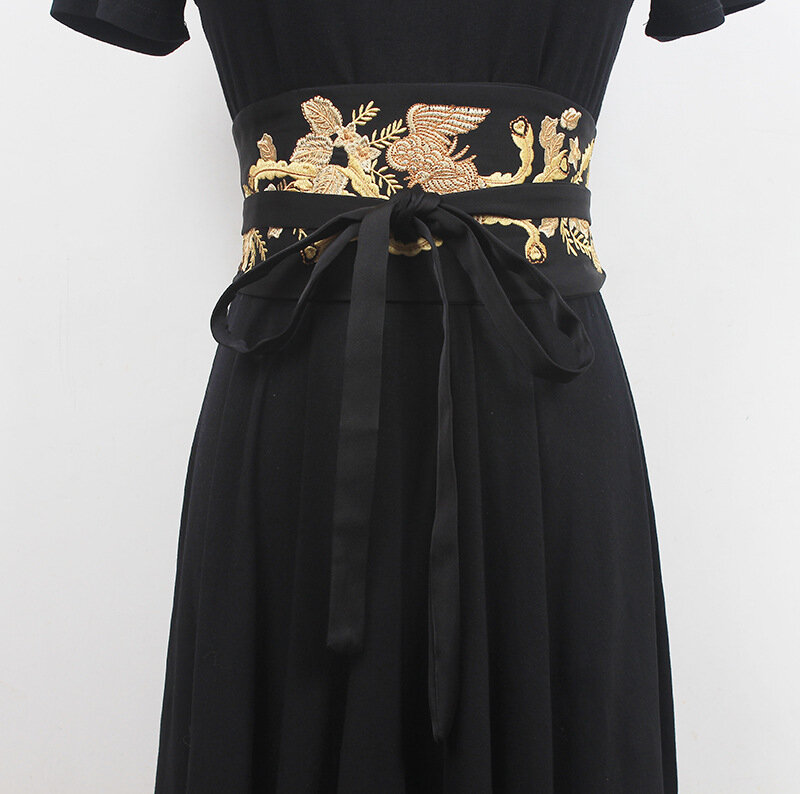 Cinturón bordado de estilo chino para mujer, faja ancha blanca, roja y negra, tela para vestido, encaje decorativo