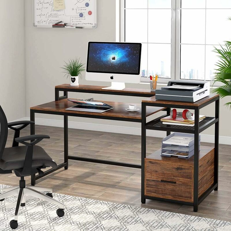 Computer Desk with Hutch and Storage Shelves, 59 inch Large Rustic Home Office Desk Computer Table Study Writing Desk
