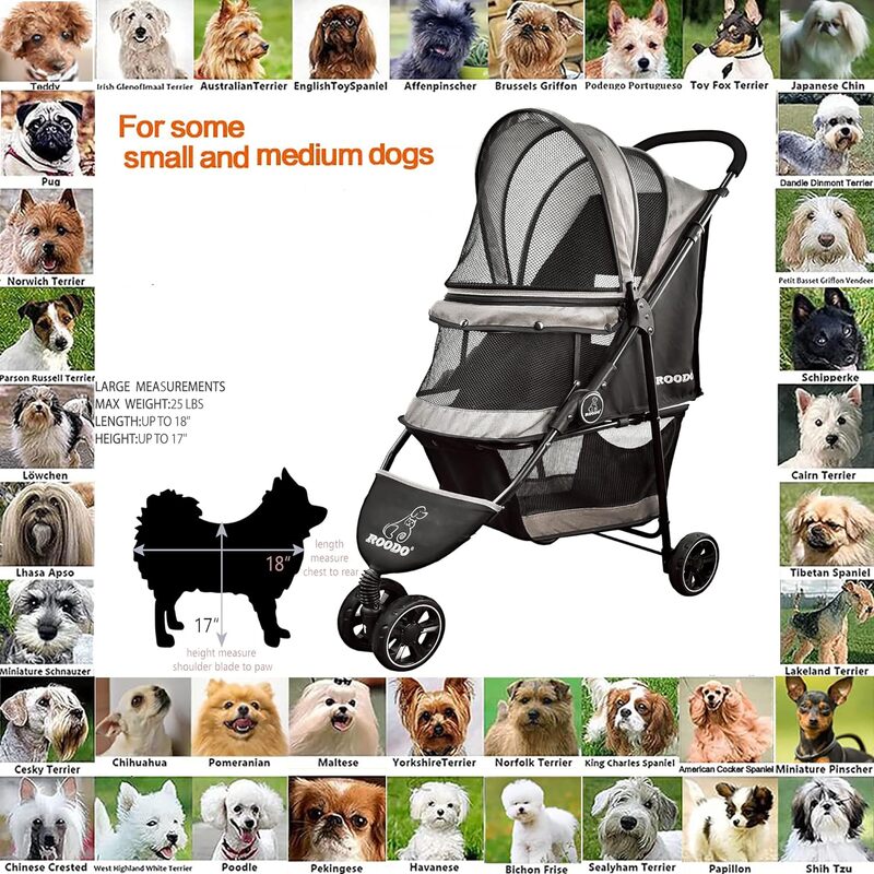 ROODO Escort Stroller para Cães Pequenos e Gatos, 3 Rodas, Forro Removível, Cesta De Armazenamento, Pet