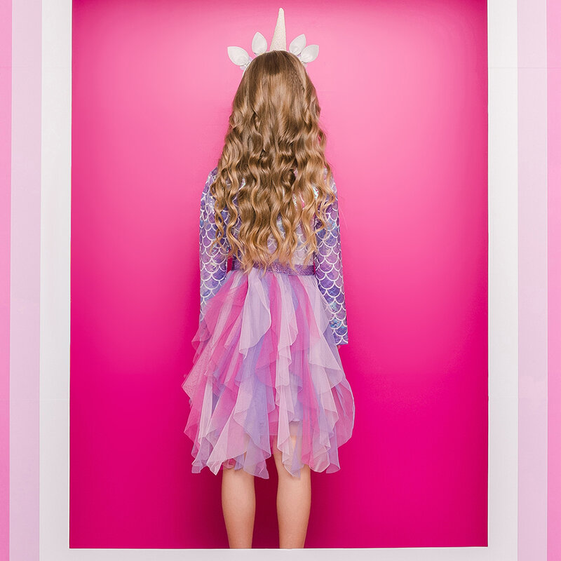 DXBOU- Robe de Princesse en Forme de Sirène pour Fille, Tenue de ixd'Anniversaire, avec Couches Irrégulières, Costumes de Bal à Manches sulf, pour Enfant de 3 à 8 Ans, Automne