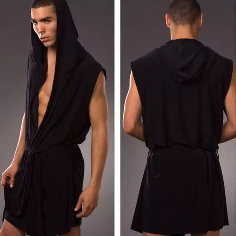 And Ice Pijama Robe Hombre Thin Comfortable Bath Bathrobe New Sleeveless Sexy Breathable Gown Solid Men's Silk Hooded Color