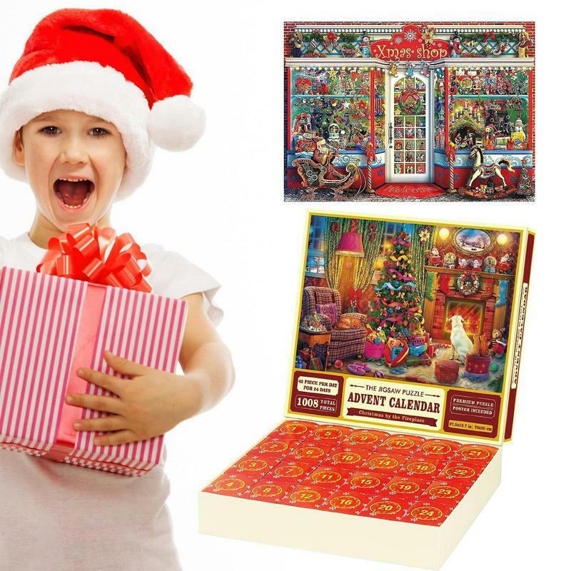Calendrier de l'Avent 2024 Puzzles de Noël pour Enfants, Calendrier de Compte à Rebours, 24 Jours Surprise, 1008 Pièces