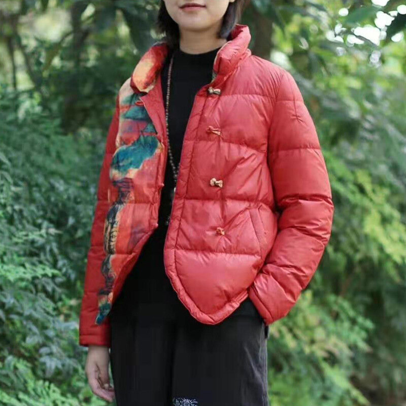 女性のためのバックル付きのレトロな中国のスタイルのジャケット,白いダックコート,暖かいパーカー,秋冬