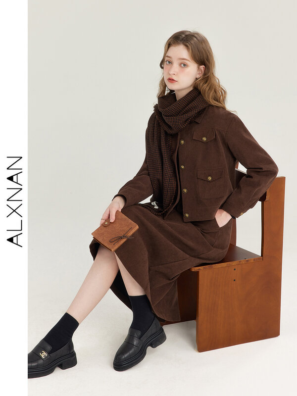 ALXNAN Fashion Suit Women's 2024 Autumn Casual Corduroy Lapel Short Jacket High Waist Slim A-Line Skirt Sold Separate T01011