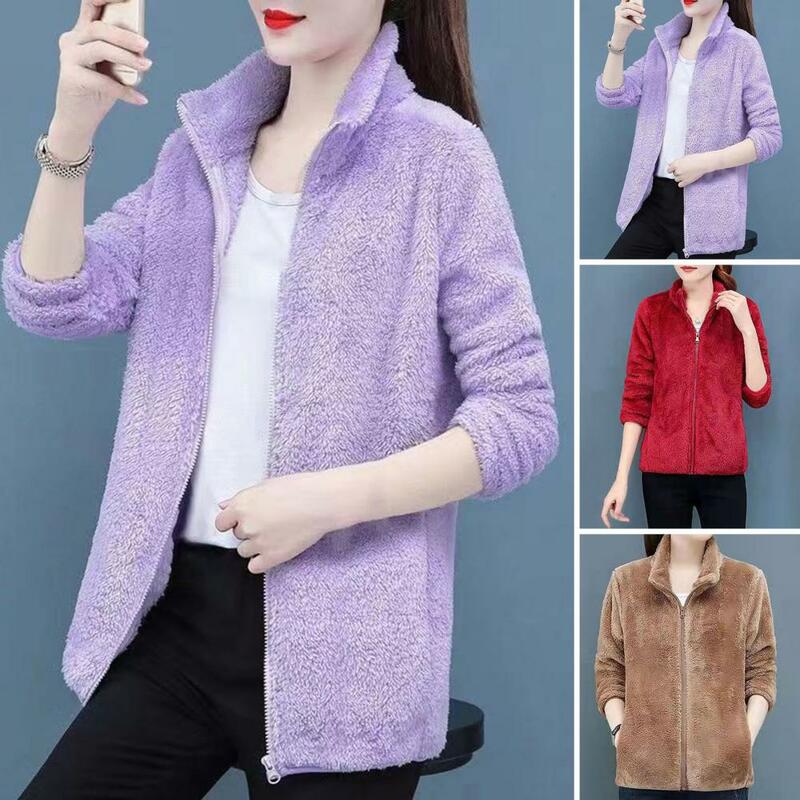 Jaqueta coral de lã de manga comprida feminina, casaco confortável, gola alta, fecho de zíper, espessado, senhora, outono, inverno
