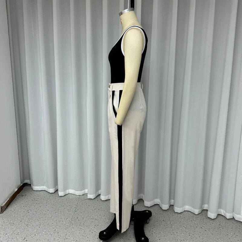 ชุดลำลองสองชิ้นสำหรับผู้หญิงชุดกางเกงขาม้าเอวสูงและเสื้อแขนกุดสีพื้น