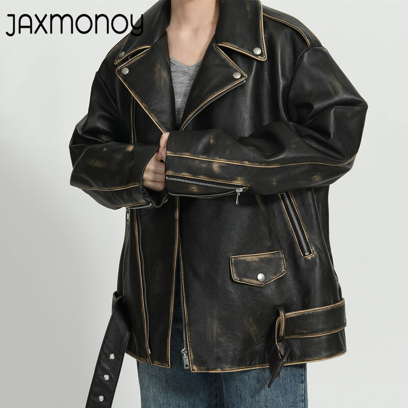 Jaxmonoy-Chaqueta de cuero auténtico para mujer, abrigo holgado Vintage de primavera y otoño, novedad de 2024