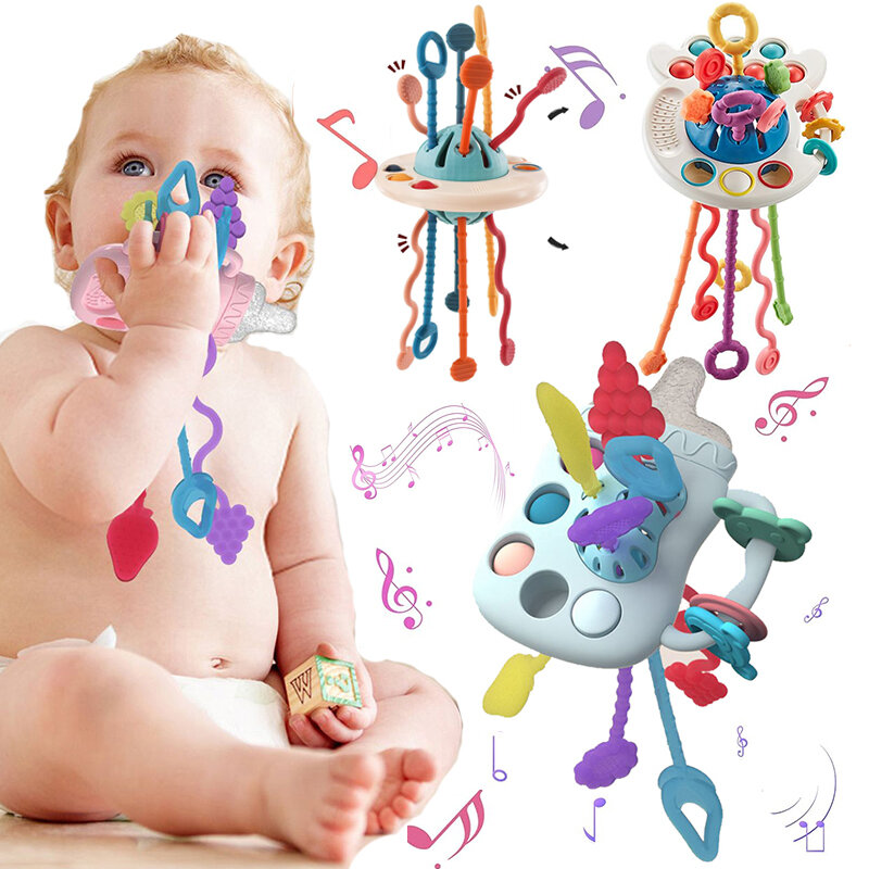 Aktywność rozwojowa zabawka grzechotka silikonowa ciągnąć sznurek Montessori zabawki sensoryczne edukacyjne dla dzieci zabawki ząbkujące dla niemowląt 1-2 lata