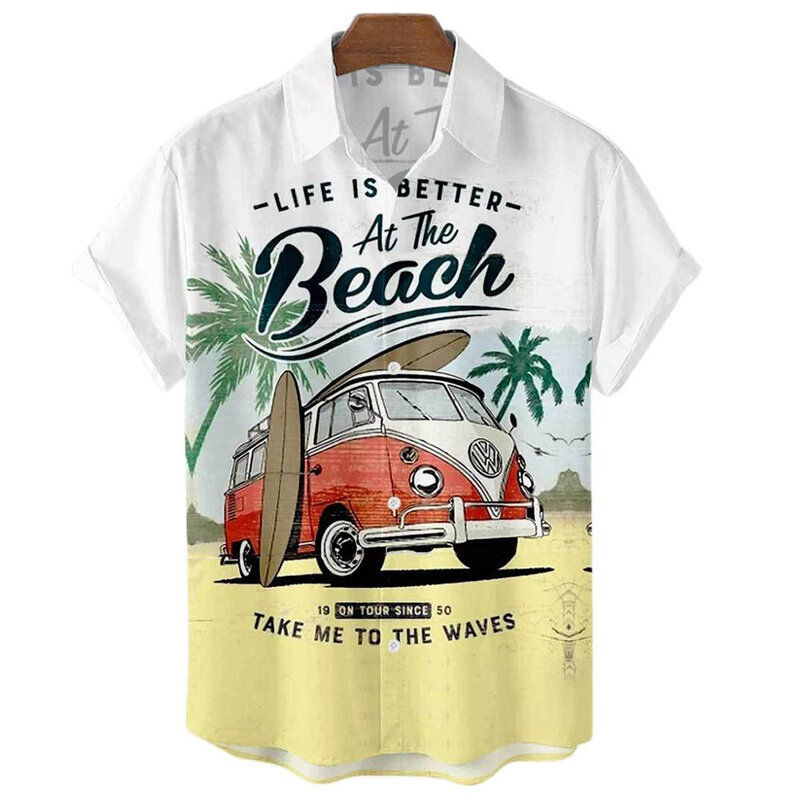 قميص هاواي بطباعة سيارة ثلاثية الأبعاد للرجال ، نمط غير رسمي ، أكمام قصيرة بطية صدر ، ملابس علوية للعطلات والشاطئ ، الصيف